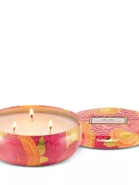 Voluspa Pink and Yellow Floral Decorative 3-Wick Tin Candle